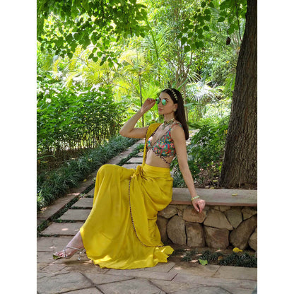 AVNNI KAPUR Satin Chiffon Pre-Draped Saree with Printed Stitched Blouse