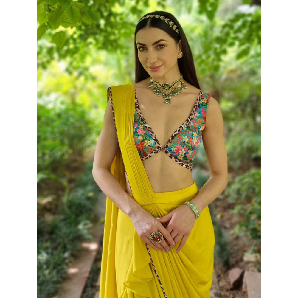 AVNNI KAPUR Satin Chiffon Pre-Draped Saree with Printed Stitched Blouse