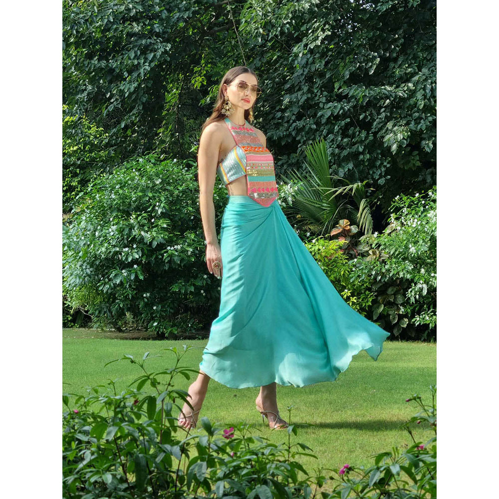 AVNNI KAPUR Modal Satin Pre-Draped Skirt with Embroidery Choli (Set of 2)