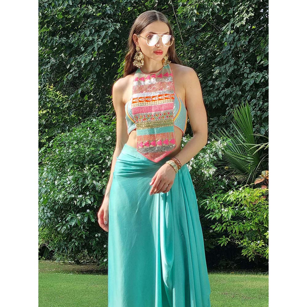 AVNNI KAPUR Modal Satin Pre-Draped Skirt with Embroidery Choli (Set of 2)