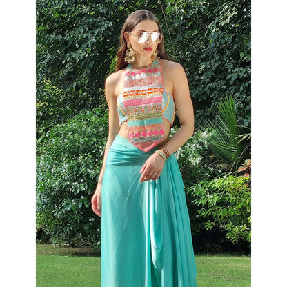 AVNNI KAPUR Modal Satin Pre-Draped Skirt with Embroidery Choli (Set of 2)