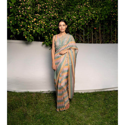 AYAKA Green Embroidered Panel Saree without Blouse