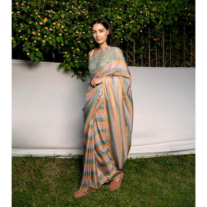 AYAKA Green Embroidered Panel Saree without Blouse