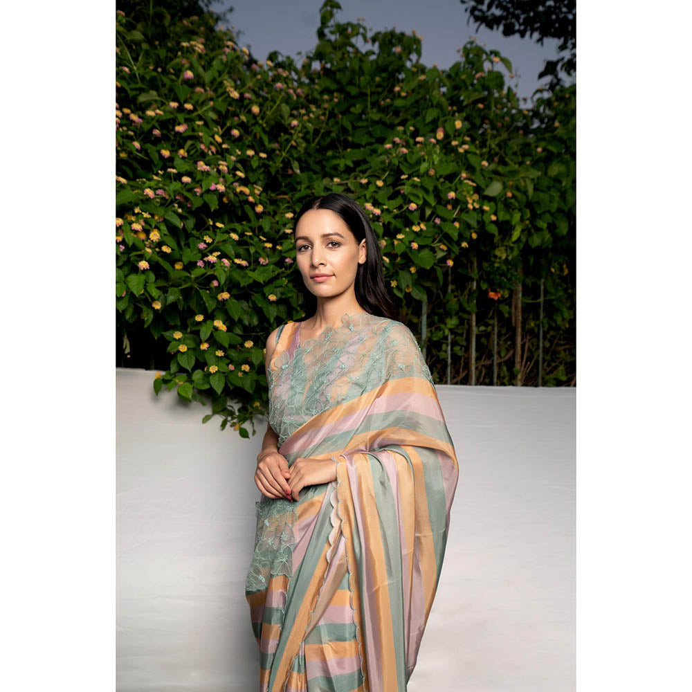 AYAKA Green Embroidered Panel Saree without Blouse