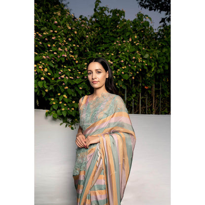 AYAKA Green Embroidered Panel Saree without Blouse