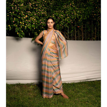 AYAKA Mustard Embroidered Panel Saree without Blouse