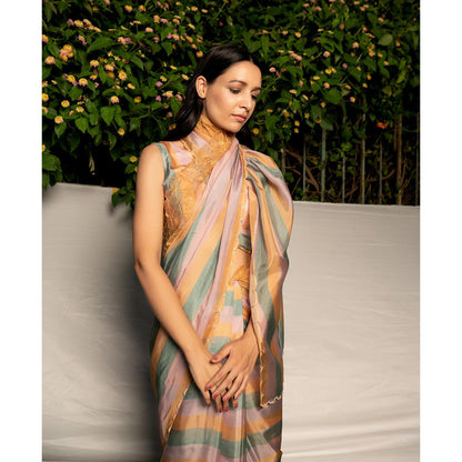 AYAKA Mustard Embroidered Panel Saree without Blouse