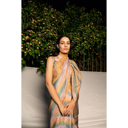 AYAKA Mustard Embroidered Panel Saree without Blouse