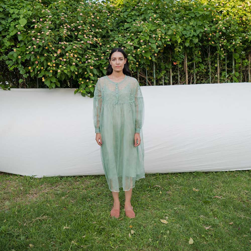 AYAKA Mel Green Gathered Kurta (Set of 2)