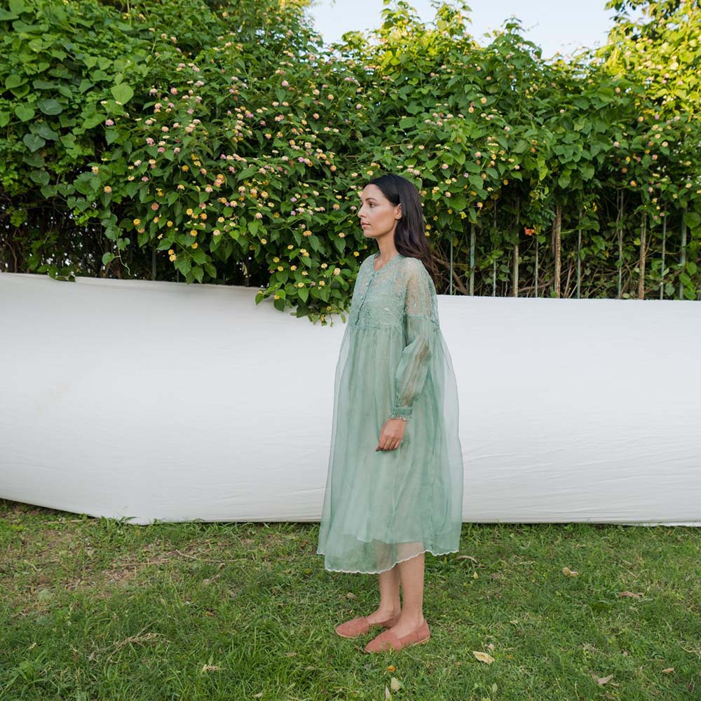 AYAKA Mel Green Gathered Kurta (Set of 2)