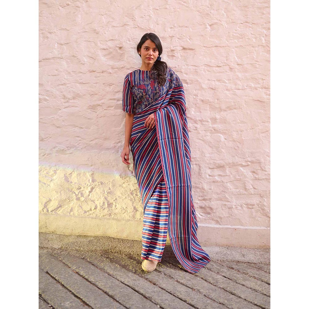 AYAKA Navy Blue Stripes Saree Without Blouse