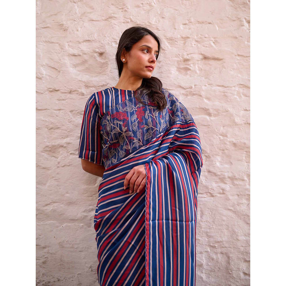 AYAKA Navy Blue Stripes Saree Without Blouse