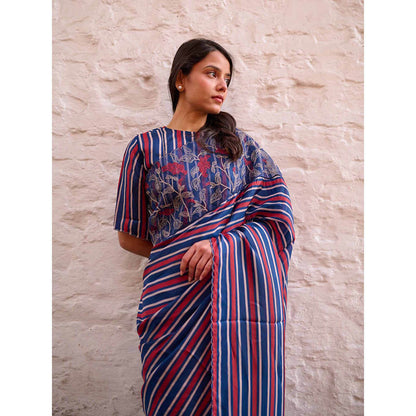 AYAKA Navy Blue Stripes Saree Without Blouse