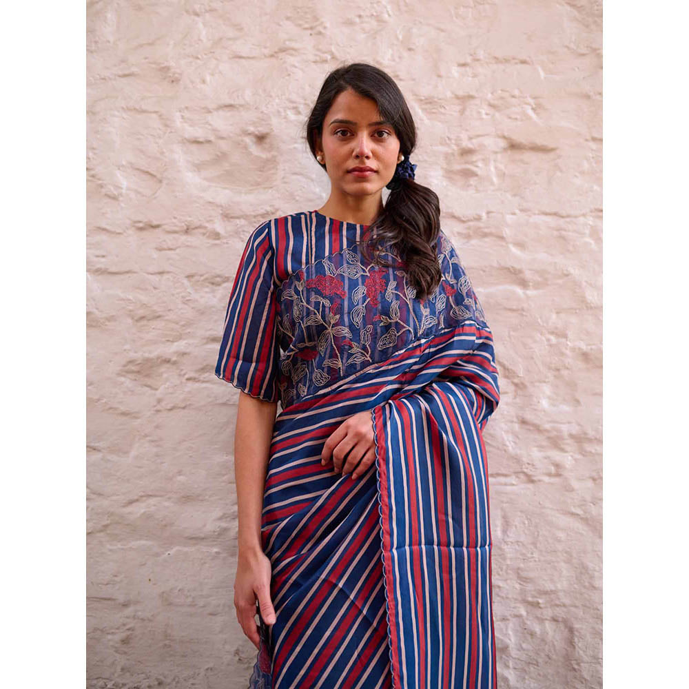 AYAKA Navy Blue Stripes Saree Without Blouse