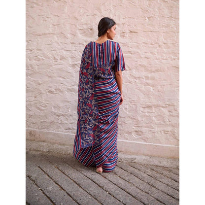 AYAKA Navy Blue Stripes Saree Without Blouse