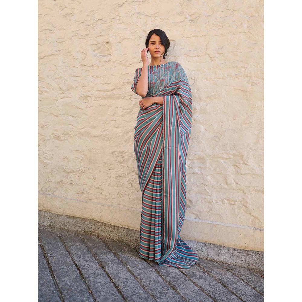 AYAKA Teal Stripes Saree Without Blouse