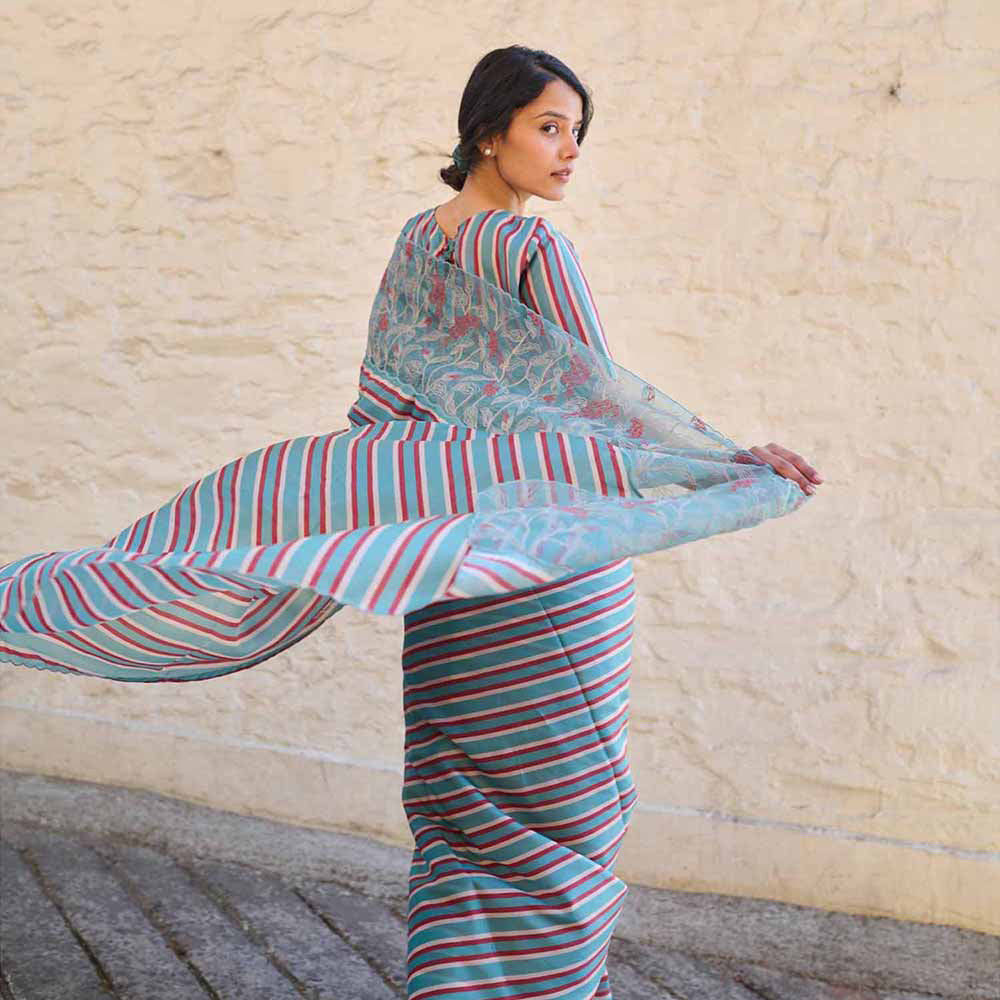 AYAKA Teal Stripes Saree Without Blouse