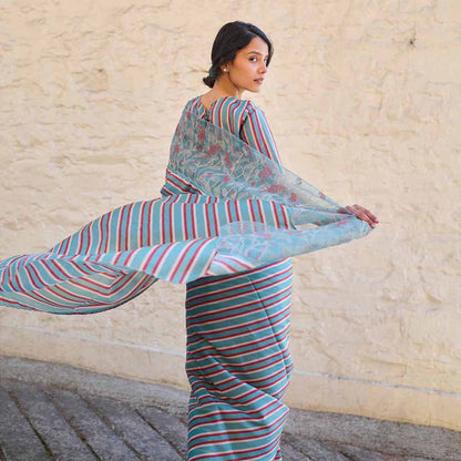 AYAKA Teal Stripes Saree Without Blouse