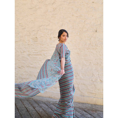 AYAKA Teal Stripes Saree Without Blouse