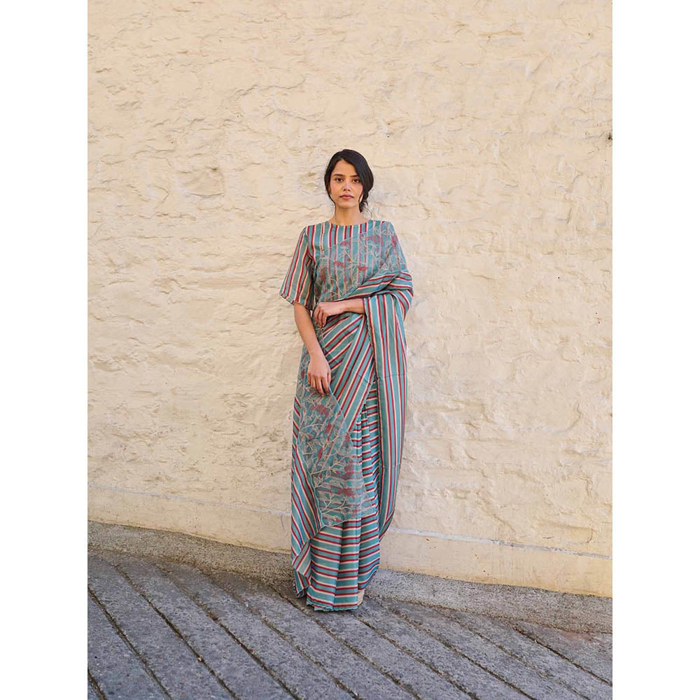 AYAKA Teal Stripes Saree Without Blouse