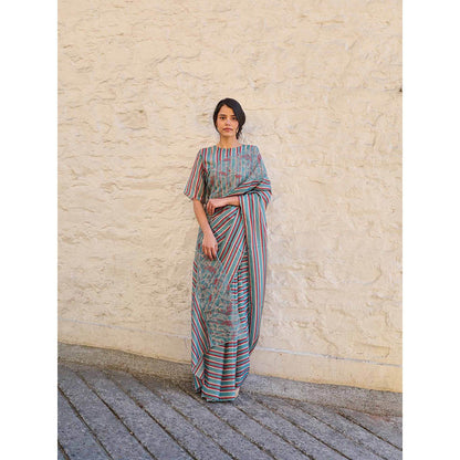 AYAKA Teal Stripes Saree Without Blouse