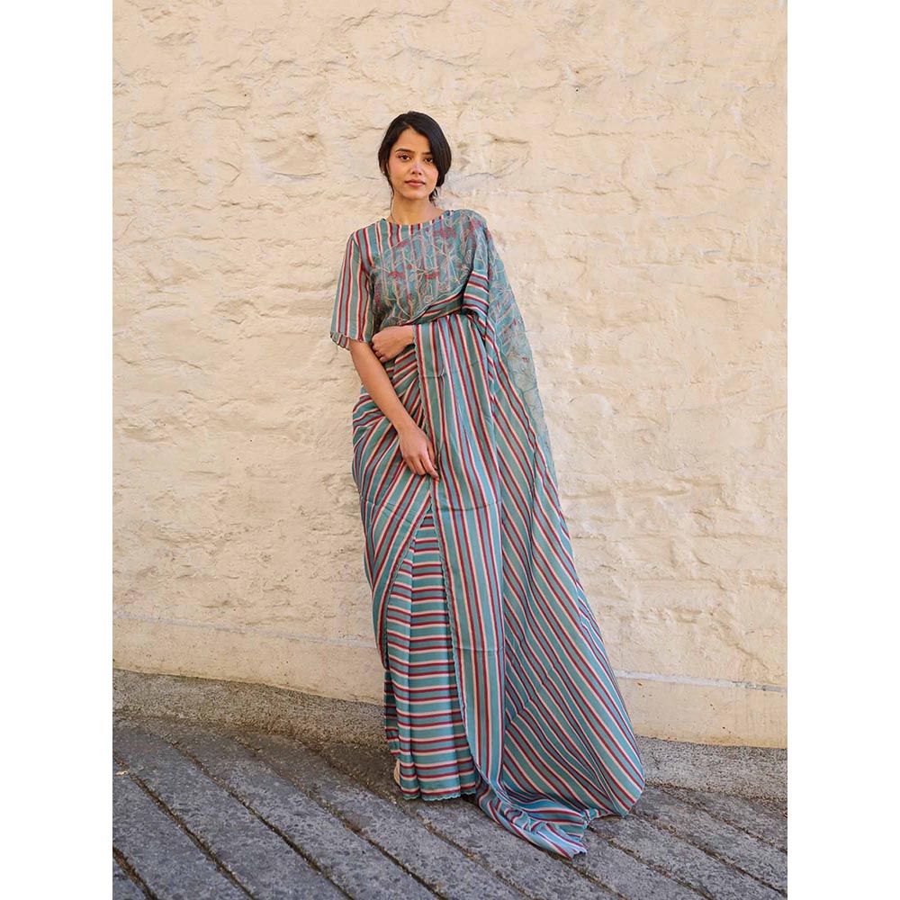 AYAKA Teal Stripes Saree Without Blouse
