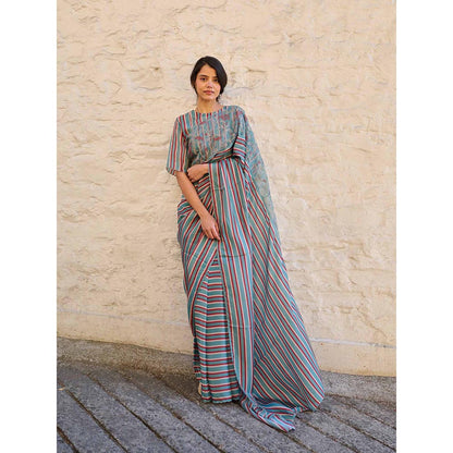 AYAKA Teal Stripes Saree Without Blouse