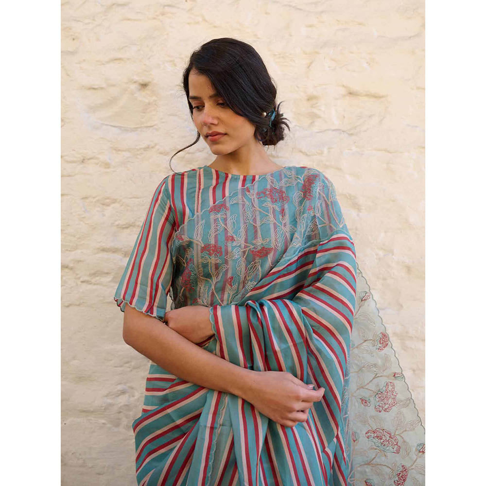 AYAKA Teal Stripes Saree Without Blouse