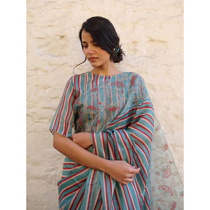 AYAKA Teal Stripes Saree Without Blouse