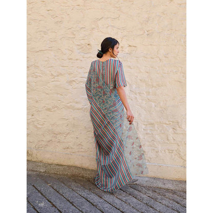 AYAKA Teal Stripes Saree Without Blouse