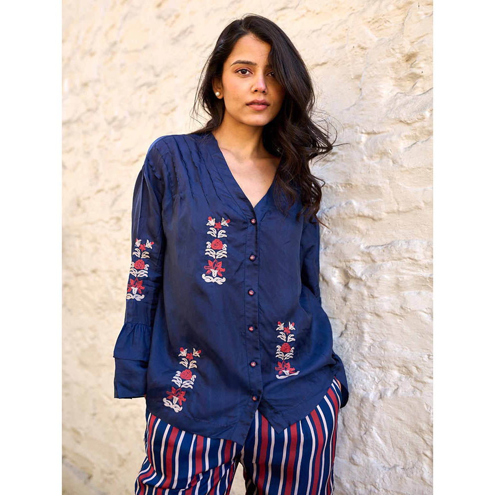 AYAKA Pearl Navy Blue Pin Tuck Shirt