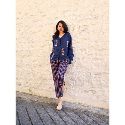 AYAKA Pearl Navy Blue Pin Tuck Shirt
