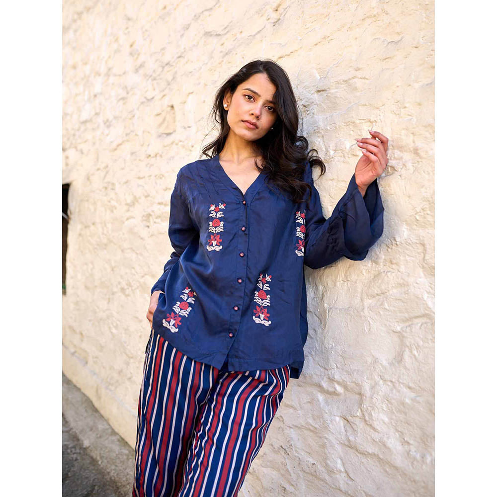 AYAKA Pearl Navy Blue Pin Tuck Shirt