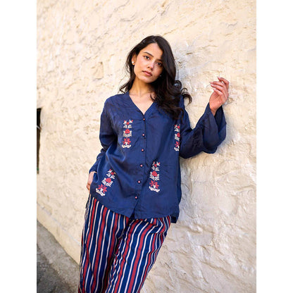 AYAKA Pearl Navy Blue Pin Tuck Shirt
