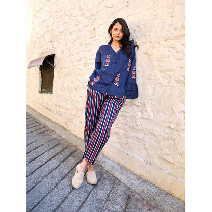 AYAKA Pearl Navy Blue Pin Tuck Shirt