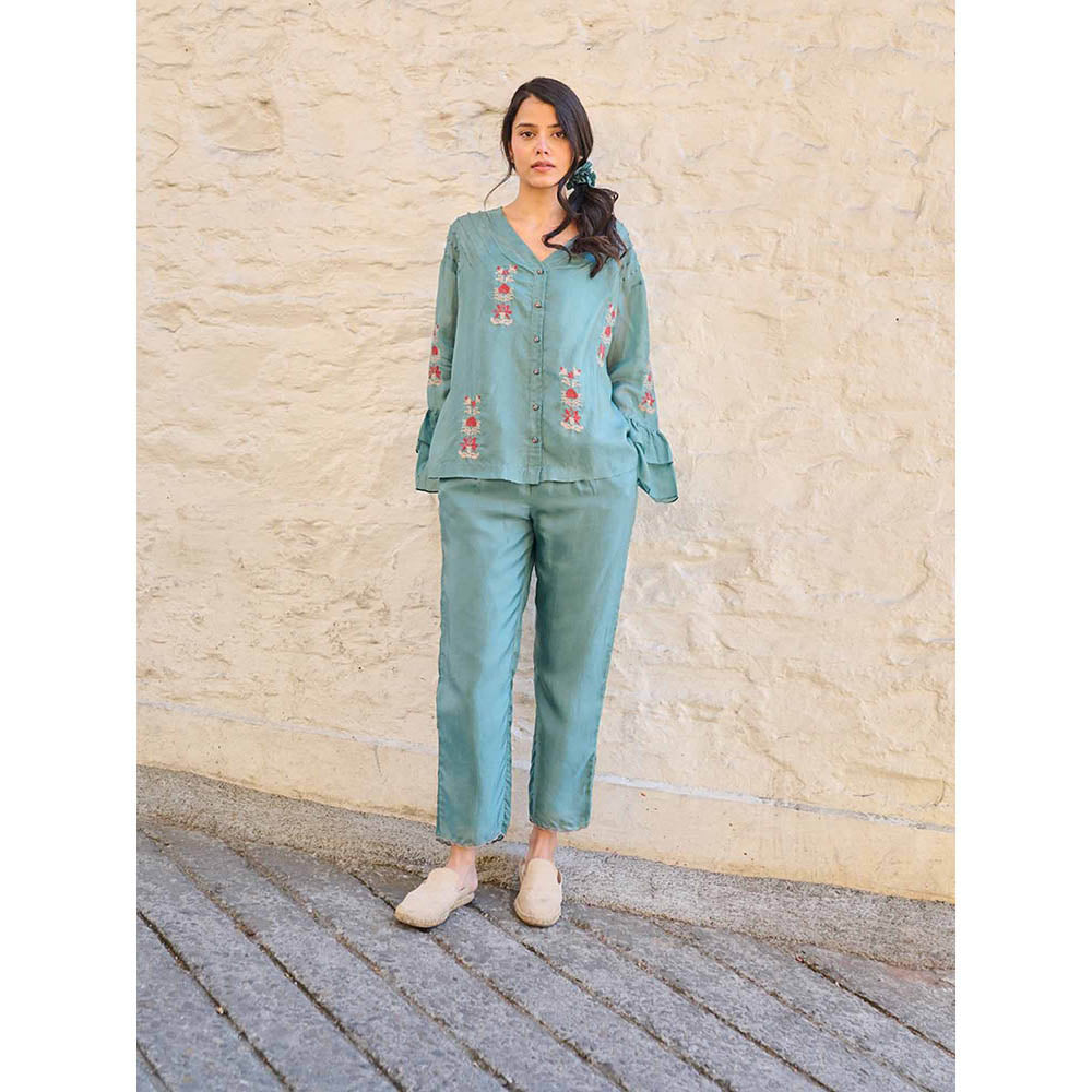 AYAKA Pearl Teal Pin Tuck Shirt