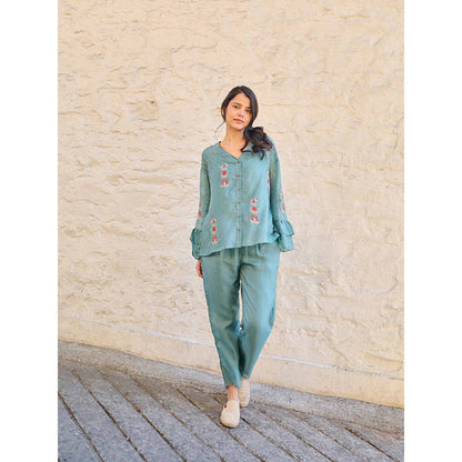AYAKA Pearl Teal Pin Tuck Shirt