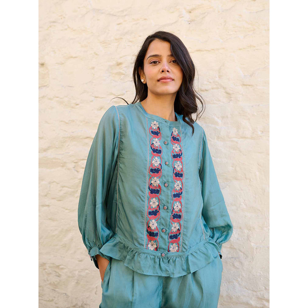 AYAKA Joy Embroidered Teal Top