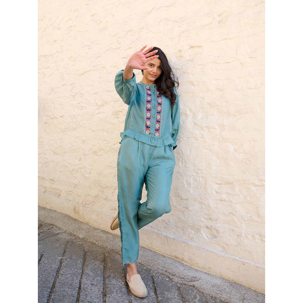 AYAKA Joy Embroidered Teal Top