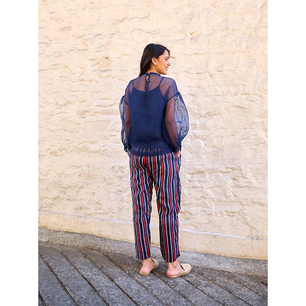 AYAKA Pam Navy Blue Silk Organza Top with Inner (Set of 2)