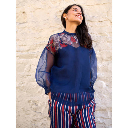 AYAKA Pam Navy Blue Silk Organza Top with Inner (Set of 2)