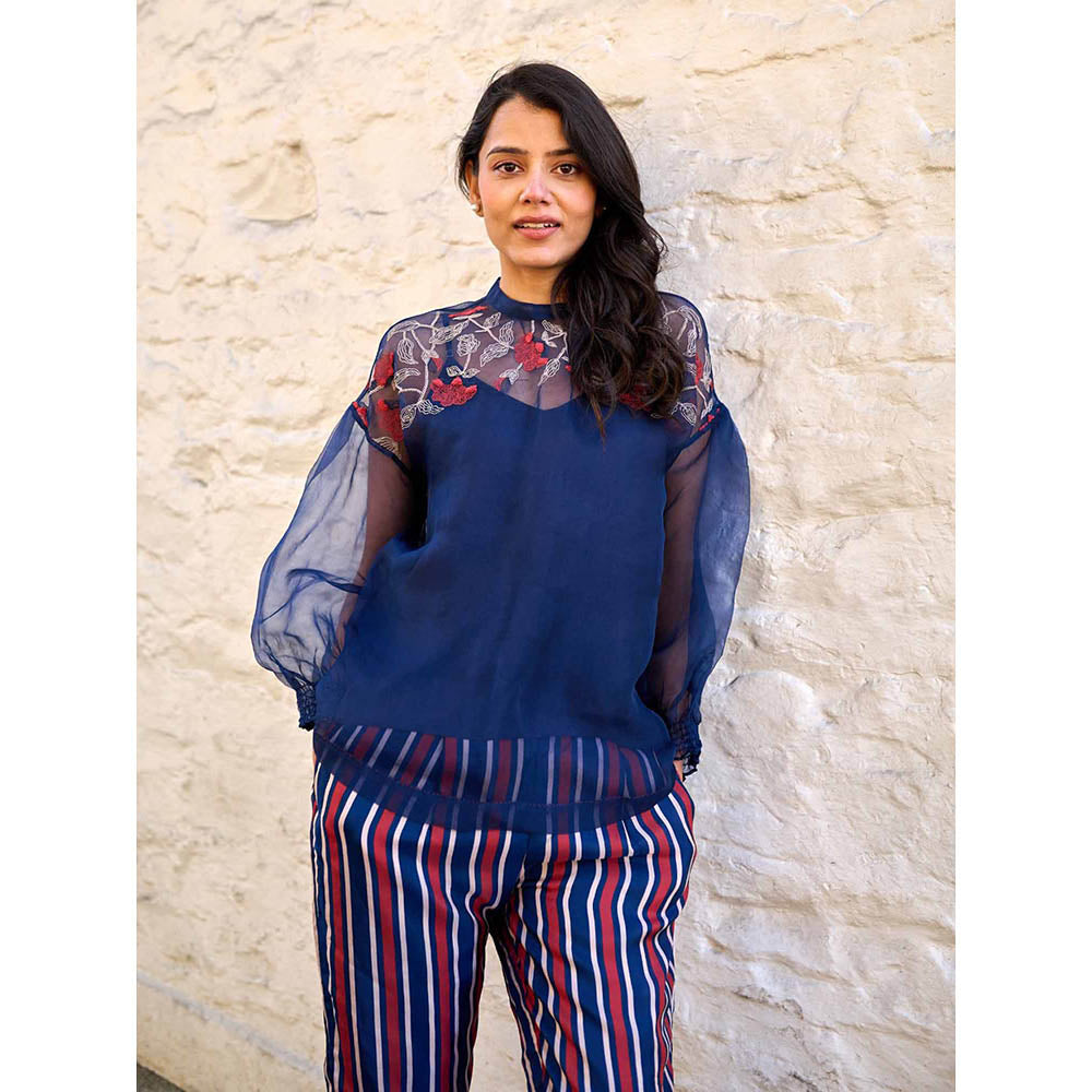 AYAKA Pam Navy Blue Silk Organza Top with Inner (Set of 2)