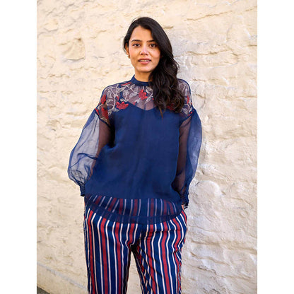 AYAKA Pam Navy Blue Silk Organza Top with Inner (Set of 2)