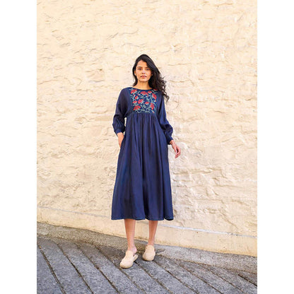 AYAKA Linda Navy Blue Panel Midi Dress with Inner (Set of 2)