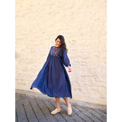 AYAKA Linda Navy Blue Panel Midi Dress with Inner (Set of 2)