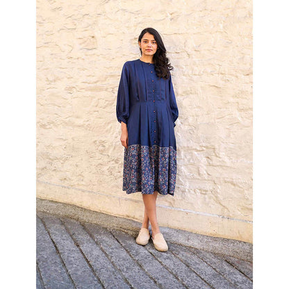 AYAKA Ethel Navy Blue Block Printed Midi Dress with Inner (Set of 2)