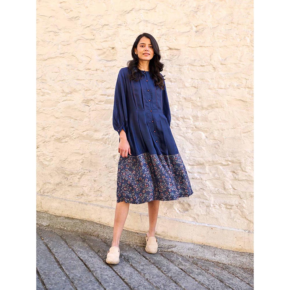 AYAKA Ethel Navy Blue Block Printed Midi Dress with Inner (Set of 2)