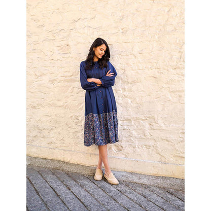 AYAKA Ethel Navy Blue Block Printed Midi Dress with Inner (Set of 2)