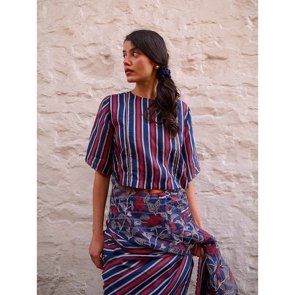 AYAKA Navy Blue Stripes Stitched Blouse