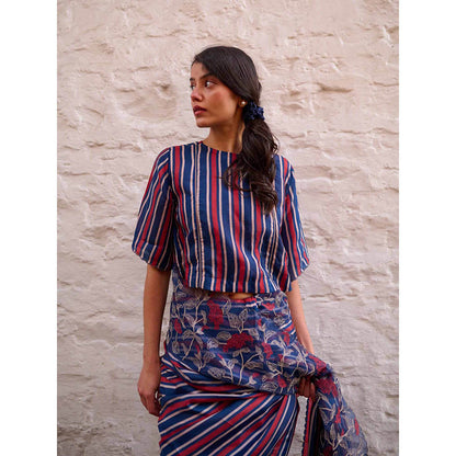 AYAKA Navy Blue Stripes Stitched Blouse